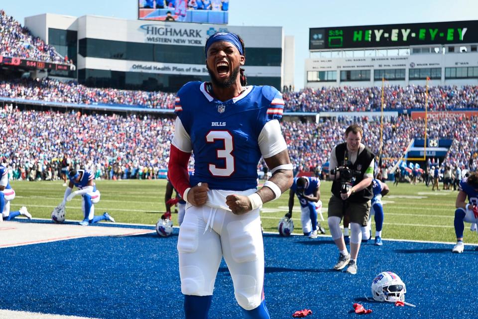 Buffalo Bills safety Damar Hamlin (3) shouts while warming up prior to an NFL football game against the Miami Dolphins, Sunday, Oct. 1, 2023, in Orchard Park, N.Y. (AP Photo/Adrian Kraus)