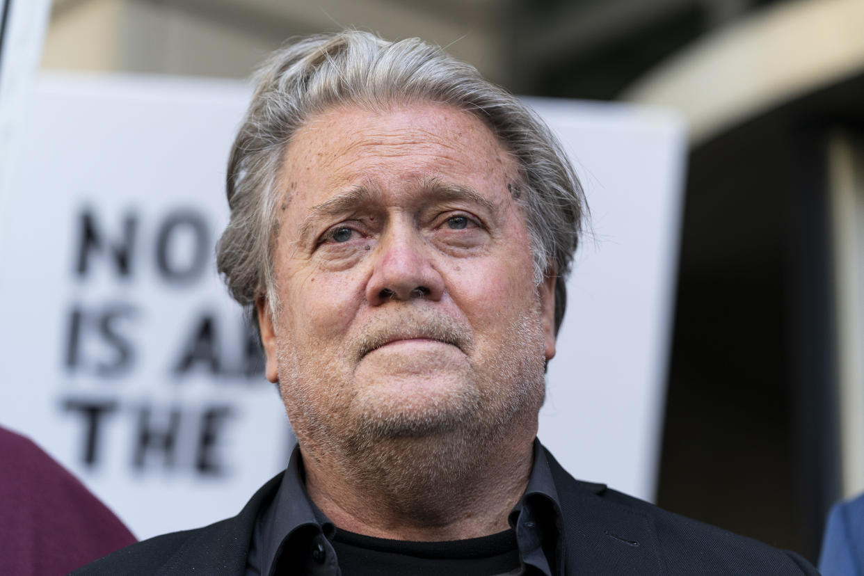 File - Steve Bannon, a longtime ally of former President Donald Trump, departs federal court, July 22, 2022, in Washington. Bannon is scheduled to be sentenced in federal court, after being convicted of defying a subpoena from the House panel investigating the Jan. 6 insurrection at the U.S. Capitol. (AP Photo/Alex Brandon, File)