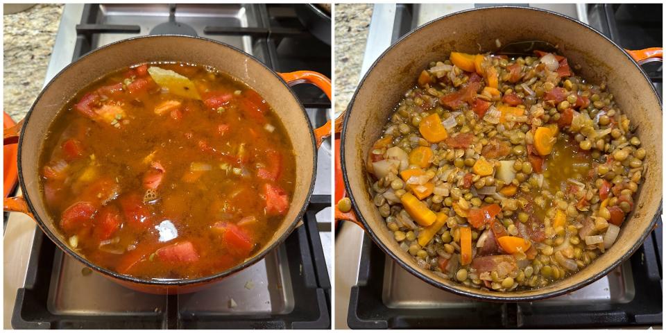 Pot of lentil soup right after all the ingredients were added (left). Lentil soup once it has finished cooking (right). Lentils have become larger and softer as they soaked up the broth.