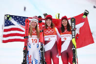 <p>Silver medalist, Mikaela Shiffrin of the United States, gold medalist, Michelle Gisin of Switzerland and bronze medalist Wendy Holdener of Switzerland celebrate on the podium during the Ladies’ Alpine Combined on day thirteen of the PyeongChang 2018 Winter Olympic Games at Yongpyong Alpine Centre on February 22, 2018 in Pyeongchang-gun, South Korea. (Photo by Dan Istitene/Getty Images) </p>