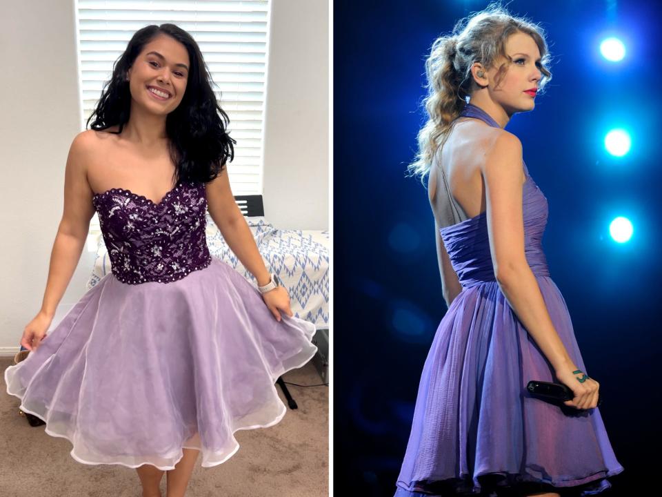 miranda mendelson in her transformed purple wedding dress and taylor swift during the speak now tour