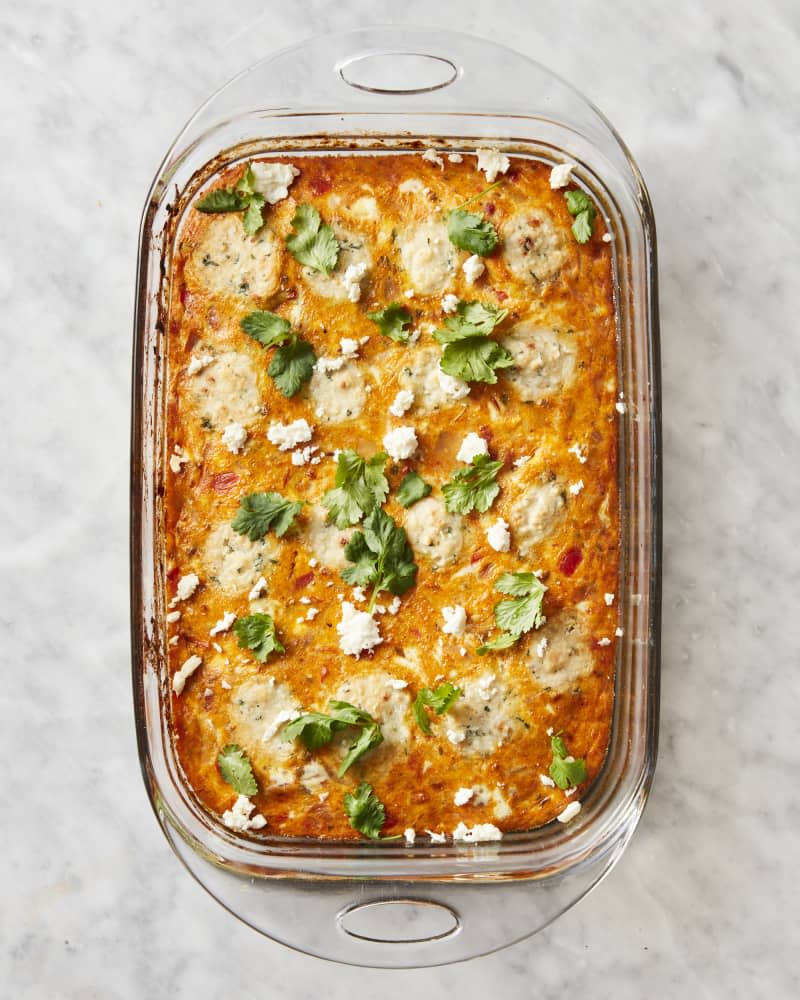 Shakshuka-ish Breakfast Casserole with Feta Drop Biscuits 