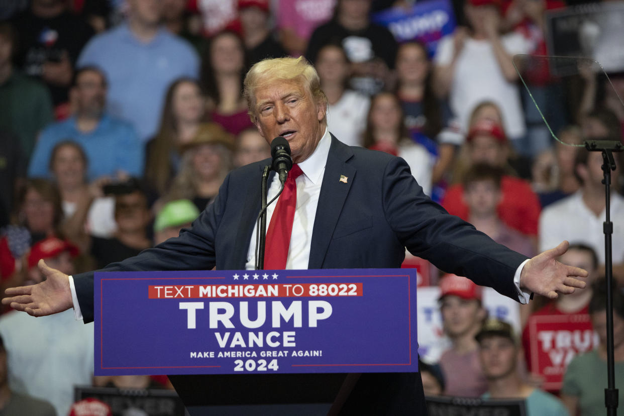 GRAND RAPIDS, MICHIGAN - JULY 20: Republican Presidential nominee former President Donald J. Trump holds his first public campaign rally with his running mate, Vice Presidential nominee U.S. Senator J.D. Vance (R-OH) (not pictured), at the Van Andel Arena on July 20, 2024 in Grand Rapids, Michigan.  This is also Trump's first public rally since he was shot in the ear during an assassination attempt in Pennsylvania on July 13. Photo by Bill Pugliano/Getty Images)