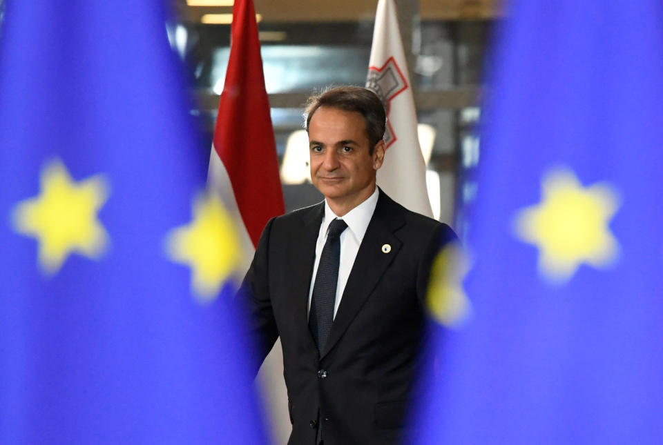 Greek Prime Minister Kyriakos Mitsotakis arrives for the second day of the European Union leaders summit dominated by Brexit, in Brussels, Belgium October 18, 2019. REUTERS/Piroschka van de Wouw