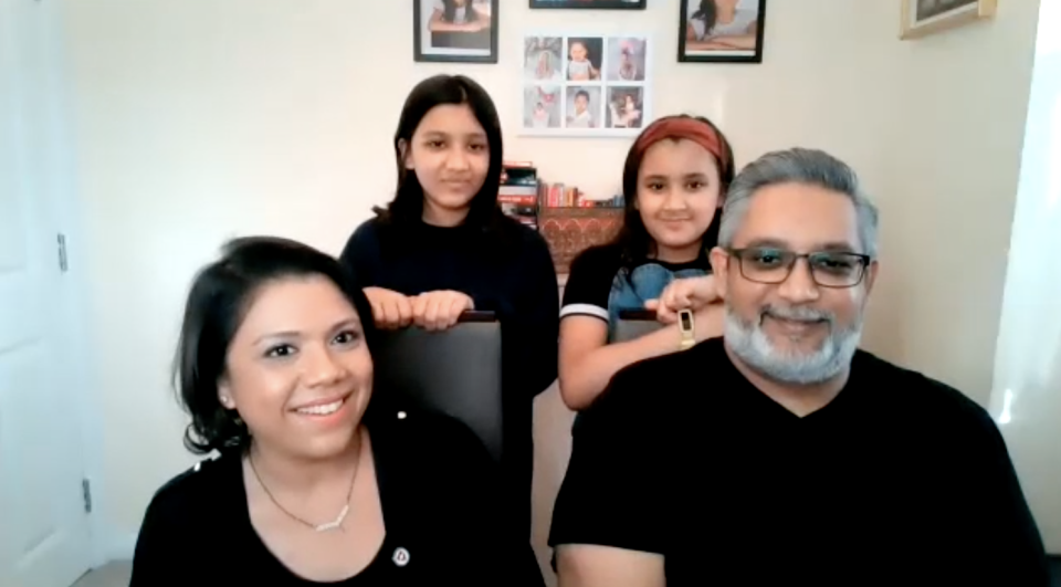 Shivali Modha (front left), Hiren Modha (front right) and their daughters Shyaama (top left) and Jyoti (top right) spoke to the Duke and Duchess of Cambridge about vaccines. (Kensington Palace)