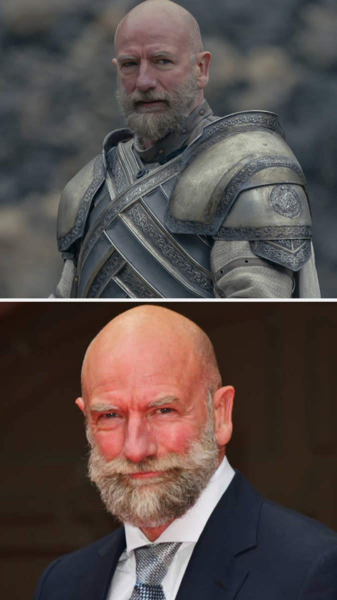 Graham McTavish in costume as Harrold Westerling above an image of Graham McTavish on the red carpet