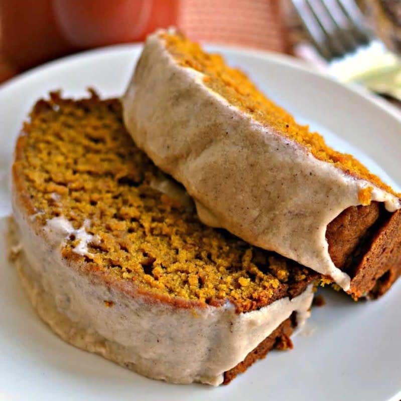 <p>Small Town Woman</p><p>This easy delicious moist pumpkin bread is covered with a sweet cinnamon glaze. It is amazingly scrumptious and with its perfect blend of spice, it will get you into the festive fall spirit. </p><p><strong>Get the recipe: <em><a href="https://www.smalltownwoman.com/pumpkin-bread-with-cinnamon-glaze/" rel="nofollow noopener" target="_blank" data-ylk="slk:Pumpkin Bread with Cinnamon Glaze;elm:context_link;itc:0;sec:content-canvas" class="link ">Pumpkin Bread with Cinnamon Glaze</a></em></strong></p>