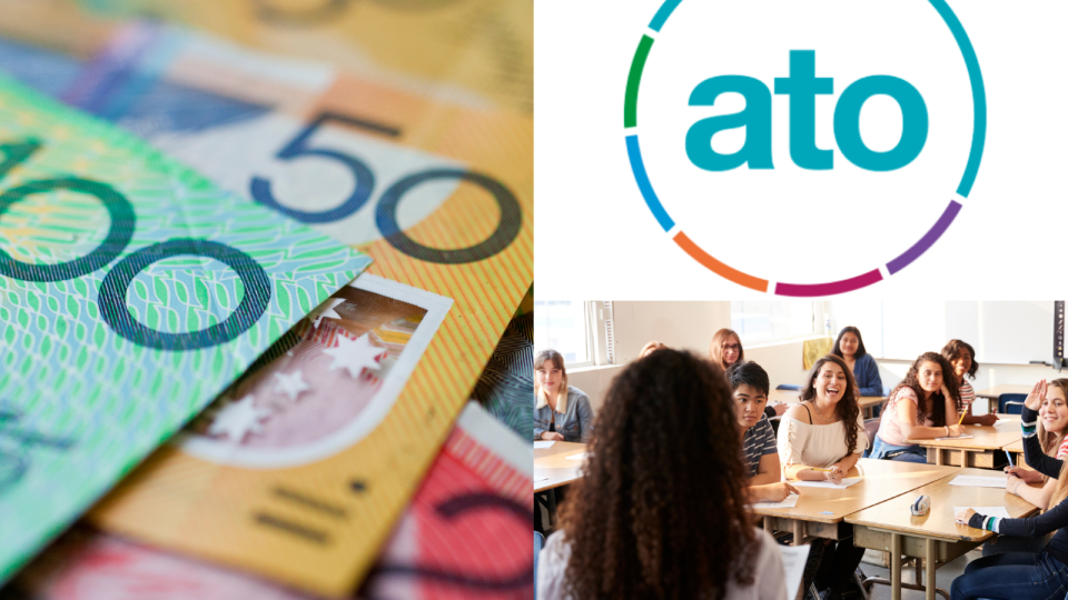 Compliation image of pile of cash with ATO symbol and image of a room of people in a teaching environment