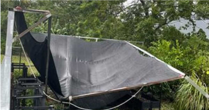   曹蘭曬出家中遮楊棚被圓規颱風吹倒的照片。（圖／翻攝自曹蘭蘭蘭蘭臉書）