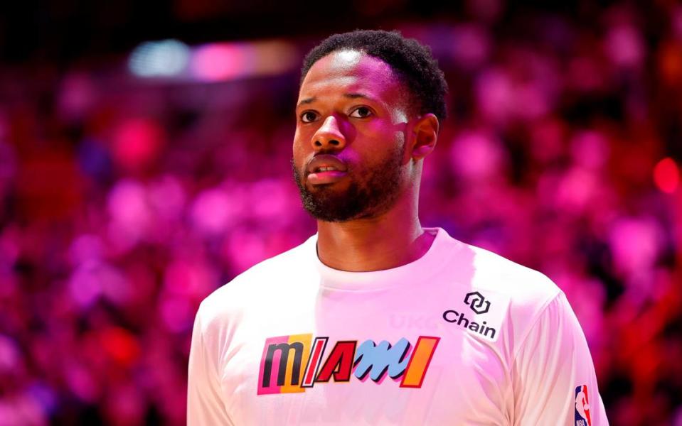 Miami Heat forward Haywood Highsmith (24) looks on before the game against the Brooklyn Nets at Miami-Dade Arena in Miami, Fl. on Saturday, March 25, 2023.