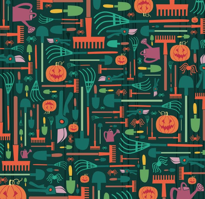 halloween brainteaser with garden tools and pumpkins