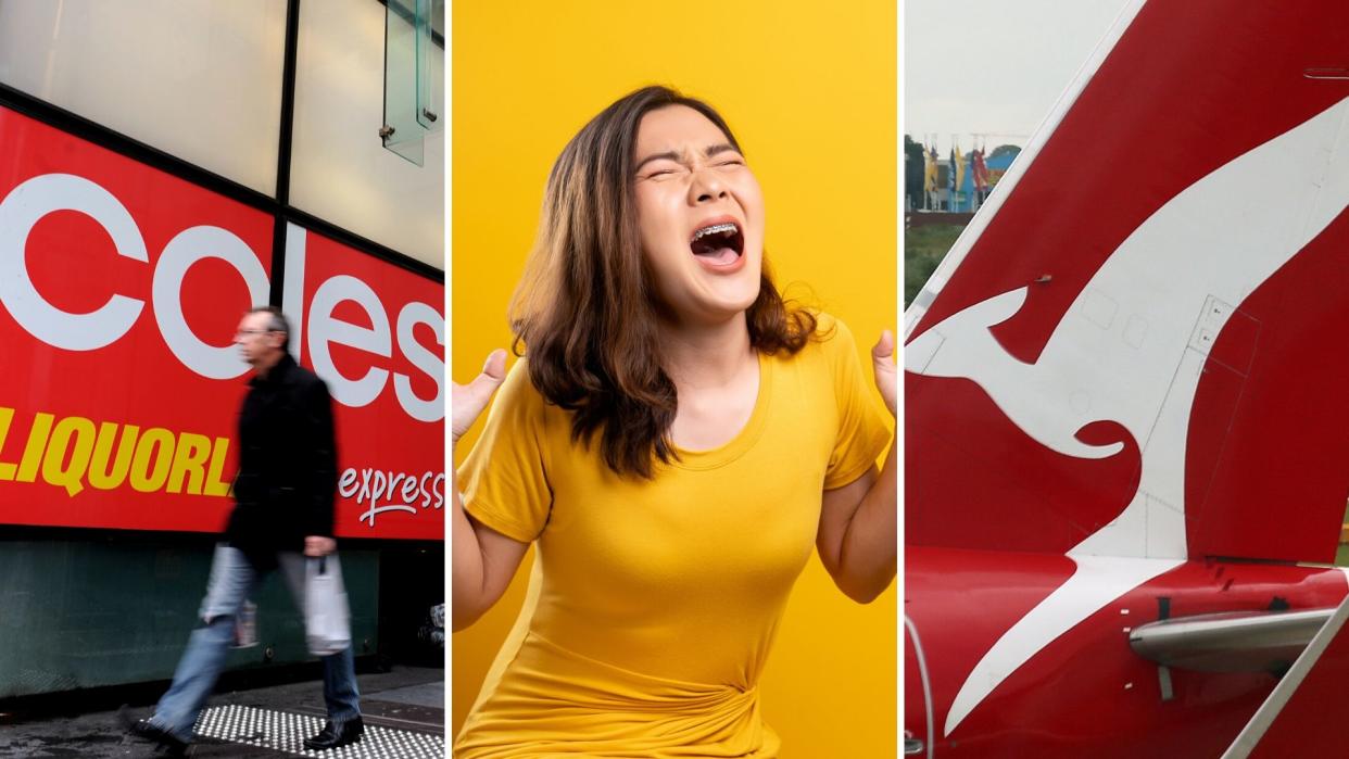 A Coles sign on the left, an anxious woman in the centre and a Qantas plane on the right.