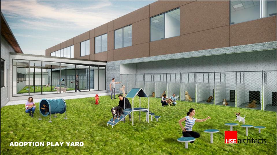 A design rendering shows a proposed adoption play yard at Oklahoma City's new MAPS 4 animal shelter.