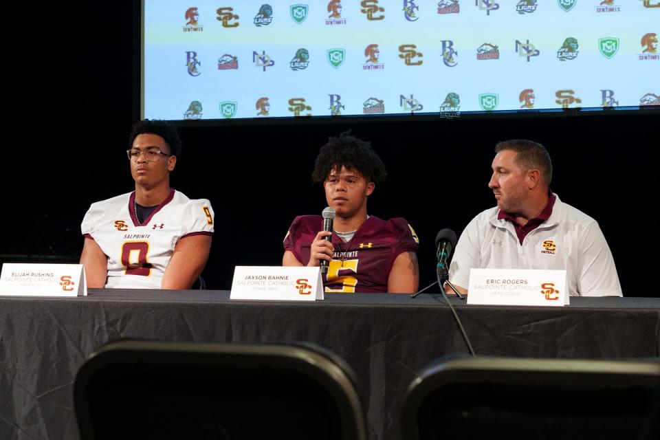 Salpointe Catholic answers questions during Catholic High School Football Media Day at Brophy College Preparatory  on August 5, 2023, in Phoenix, AZ. (Left to Right) Elijah Rushing, Jaxon Bahnie, and Head Coach Eric Rodgers.