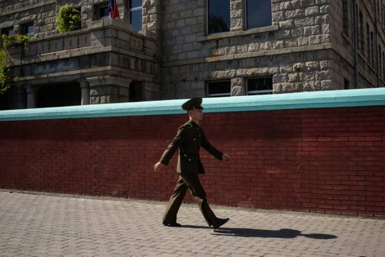 A North Korean soldier walks on a street in Pyongyang on October 9, 2015