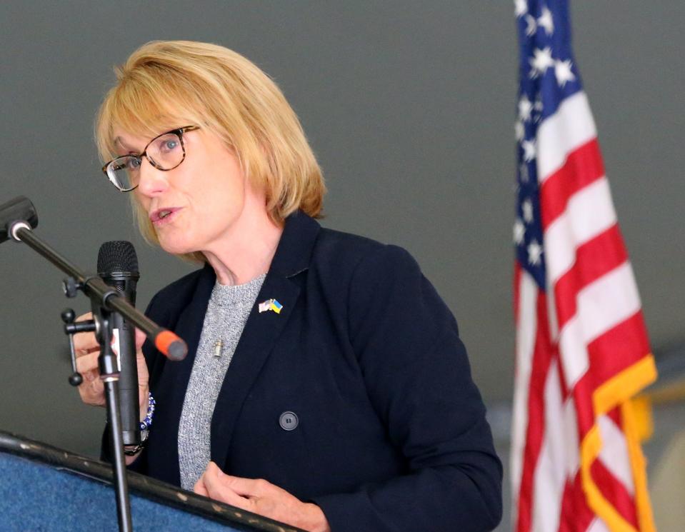 Sen. Maggie Hassan, D-New Hampshire, speaks during the 64th Air Refueling Squadron Assumption of Command Ceremony Friday, July 8, 2022.