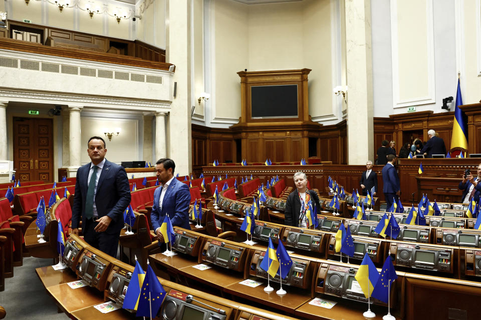 Ireland's Prime Minister Leo Varadkar, left, walks in the Verkhovna Rada, the Ukrainian parliament, on the occasion of his visit to Kyiv, Ukraine, Wednesday July 19, 2023. (Clodagh Kilcoyne/Pool Photo via AP)