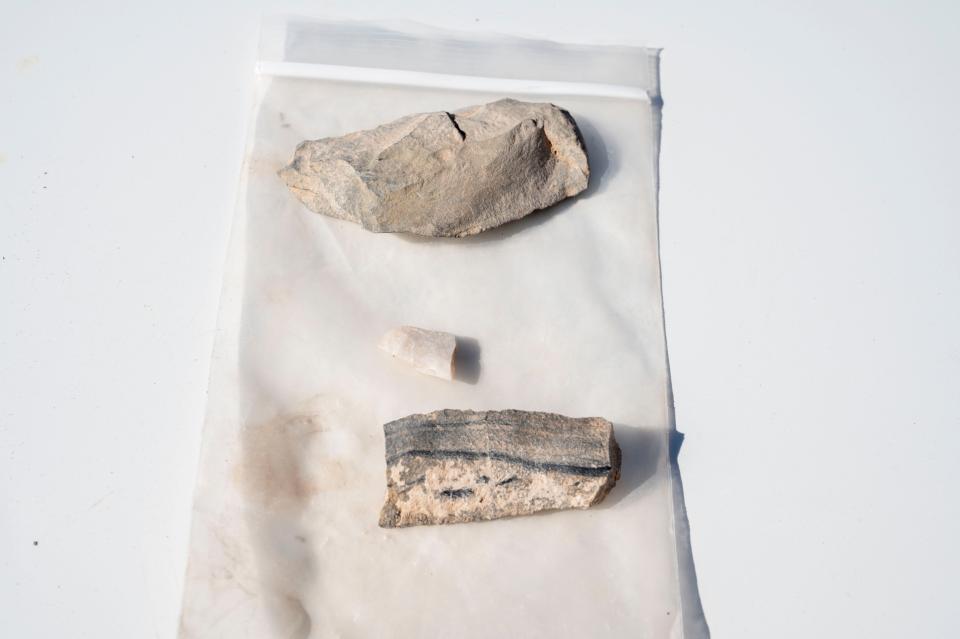 Fragments found at the Paleo-Archaic site recovered by members of the 49th Civil Engineer Squadron environmental flight at Holloman Air Force Base, New Mexico, March 7, 2024.