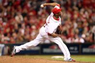 Aroldis Chapman #54 of the Cincinnati Reds pitches in the ninth inning against the San Francisco Giants in Game Three of the National League Division Series at the Great American Ball Park on October 9, 2012 in Cincinnati, Ohio. (Photo by Andy Lyons/Getty Images)