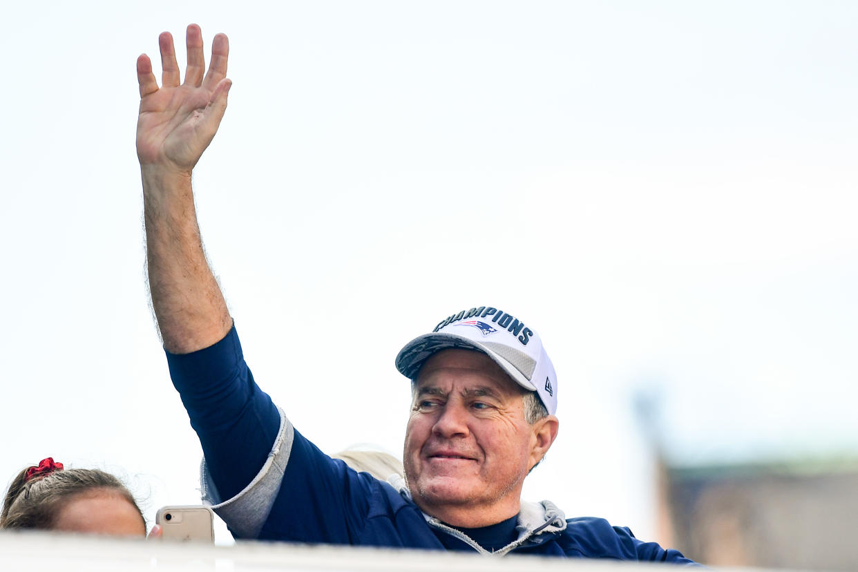 BOSTON, MASSACHUSETTS - FEBRUARY 05: Head coach Bill Belichick of the New England Patriots reacts during the Super Bowl Victory Parade on February 05, 2019 in Boston, Massachusetts. (Photo by Billie Weiss/Getty Images)