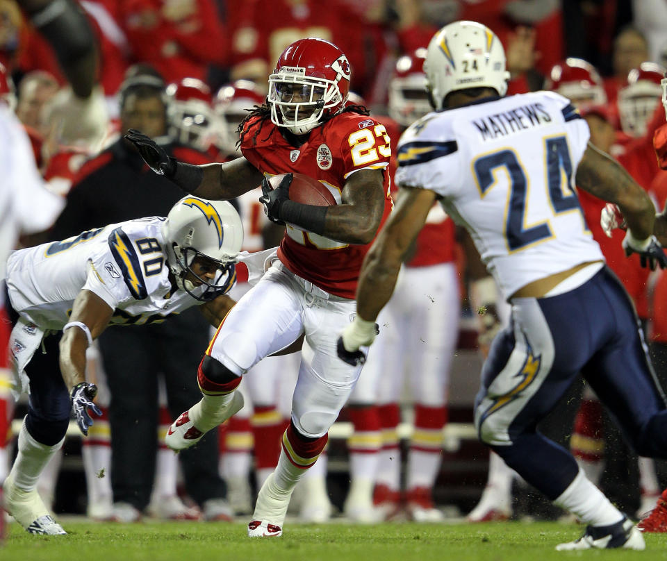 KANSAS CITY, MO - OCTOBER 31: Kendrick Lewis #23 of the Kansas City Chiefs returns the ball after intercepting a Philip Rivers #17 pass during the game against the San Diego Chargers on October 31, 2011 at Arrowhead Stadium in Kansas City, Missouri. (Photo by Jamie Squire/Getty Images)