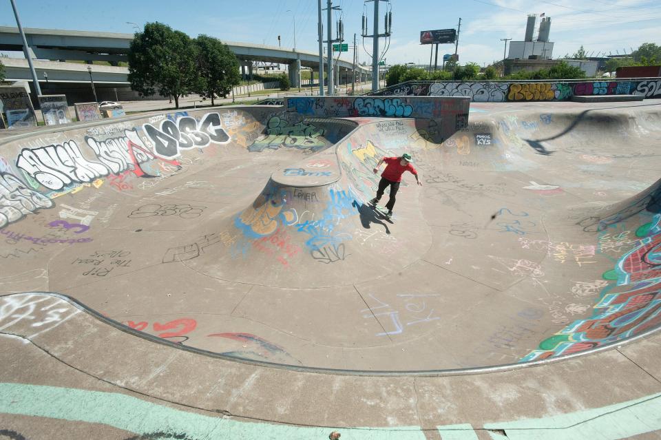 One of five great places in Louisville to try out your rollerblades:  David Armstrong Extreme Park where a skateboarder banks off a park curve.June 23,  2021