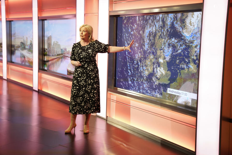 Weather presenter Carol Kirkwood in the studio as BBC Breakfast celebrate its 40th anniversary with a special show and guests at MediaCityUK, Salford. Picture date: Tuesday January 17, 2023. (Photo by Danny Lawson/PA Images via Getty Images)