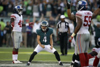 <p>Philadelphia Eagles’ Jake Elliott celebrates after kicking the game-winning field goal during an NFL football game against the New York Giants, Sunday, Sept. 24, 2017, in Philadelphia. Philadelphia won 27-24. (AP Photo/Matt Rourke) </p>