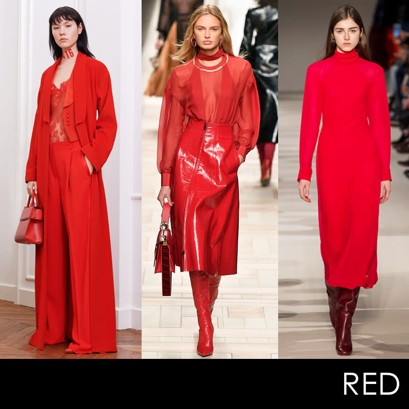 <p>From head-to-toe looks to the <a rel="nofollow noopener" href="http://thezoereport.com/fashion/accessories/best-red-leather-boots-milan-fashion-week-2017/" target="_blank" data-ylk="slk:winning leather boot trend;elm:context_link;itc:0;sec:content-canvas" class="link ">winning leather boot trend</a>, brilliant shades of red were prominent in collections from New York to Paris. Say hello to fall's hero hue.</p> <h4>Givenchy, Fendi, Victoria Beckham. Photos: Courtesy of Givenchy, Getty Images, ImaxTree.</h4>