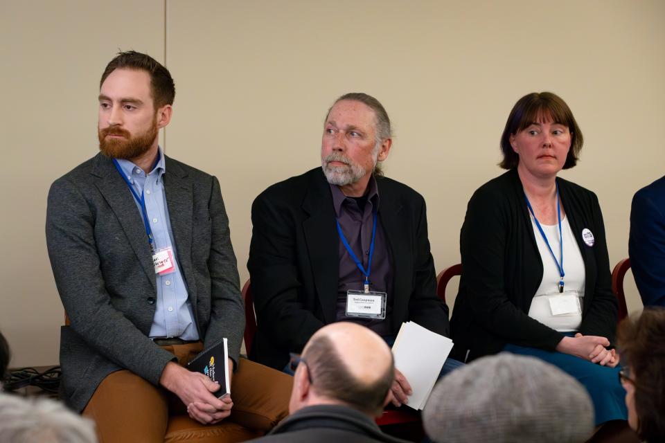 Ward 1 city council candidates Ethan Clevenger, left, Ted Coopman and Eliza Kashinsky take part in a debate between candidates for Eugene City Council Ward 1 and Ward 2 Friday, March 29, 2024, at a meeting of the City Club of Eugene.