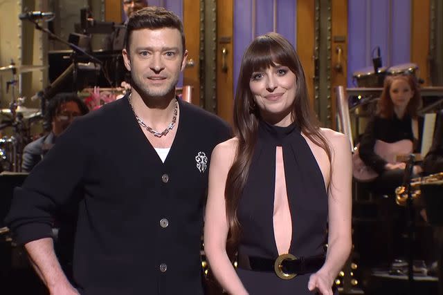 <p>SNL/YouTube</p> Dakota Johnson and Justin Timberlake