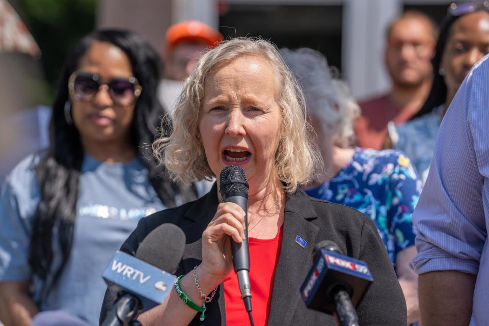 Representative Becky Cash (R) speaks to residents, friends and family of Crawford Manor about the importance of senior living and giving her support on the matter on Tuesday, May 23, 2023, in Indianapolis.