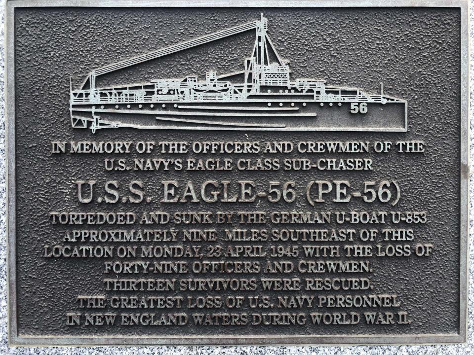 A plaque at Fort Williams Park at Cape Elizabeth, Maine, on Thursday, July 18, 2019, remembers those killed when the USS Eagle PE-56 was sunk During World War II off the Maine coast on April 23, 1945. The Navy determined in 2001 that the patrol boat had been sunk by a German submarine. On Monday, July 15, 2019, Garry Kozak, a specialist in undersea searches, announced that Ryan King, a New Hampshire diver, located the vessel’s bow and stern about three miles off Cape Elizabeth in June 2018. (AP Photo/David Sharp)