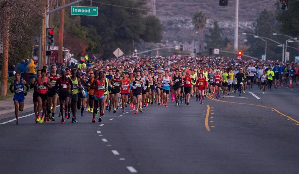 Runners start the California International Marathon in 2016 in Folsom.