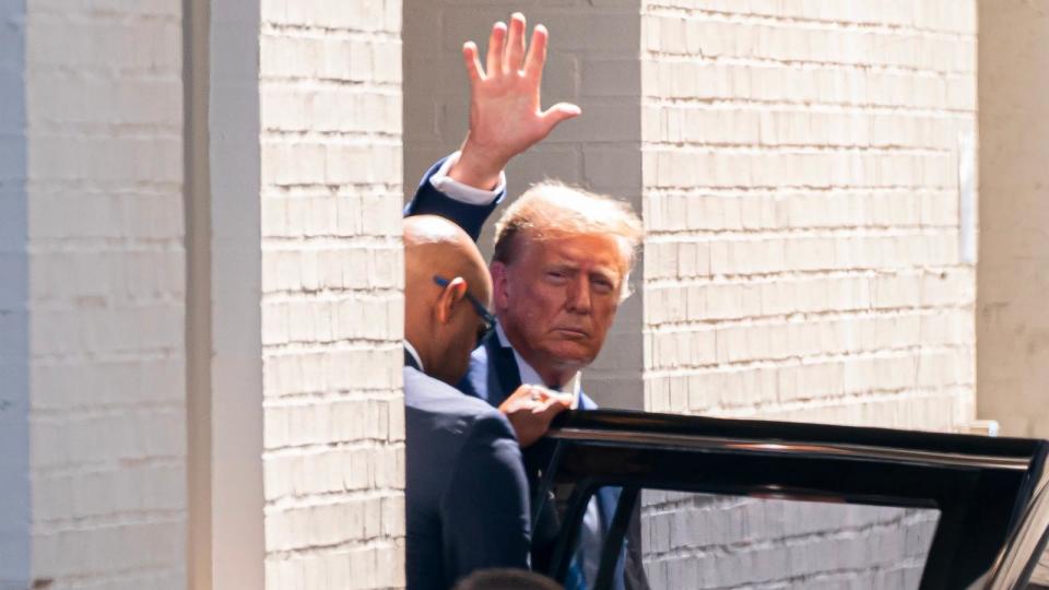 PHOTO: Former U.S. President Donald Trump departs after delivering remarks at a House Republicans Conference meeting at the Capitol Hill Club, June 13, 2024, in Washington. (Nathan Howard/Getty Images)