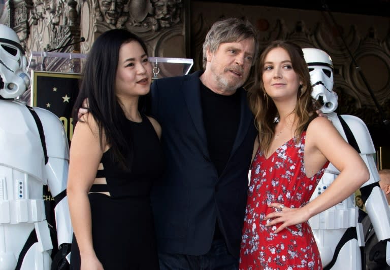 (L-R) Actors Kelly Marie Tran, Mark Hamill and and Billie Lourd attend the ceremony honoring Hamill with a star on the Hollywood Walk of Fame on March 8, 2018, in Hollywood, California