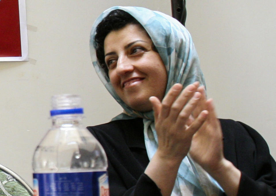 Prominent Iranian human rights activist Narges Mohammadi is seen in a meeting on women's rights in Tehran, Iran, on July 3, 2008. The Nobel Peace Prize has been awarded to Narges Mohammadi for fighting oppression of women in Iran. The chair of the Norwegian Nobel Committee announced the prize Friday, Oct. 6, 2023 in Oslo. (AP Photo/Vahid Salemi)