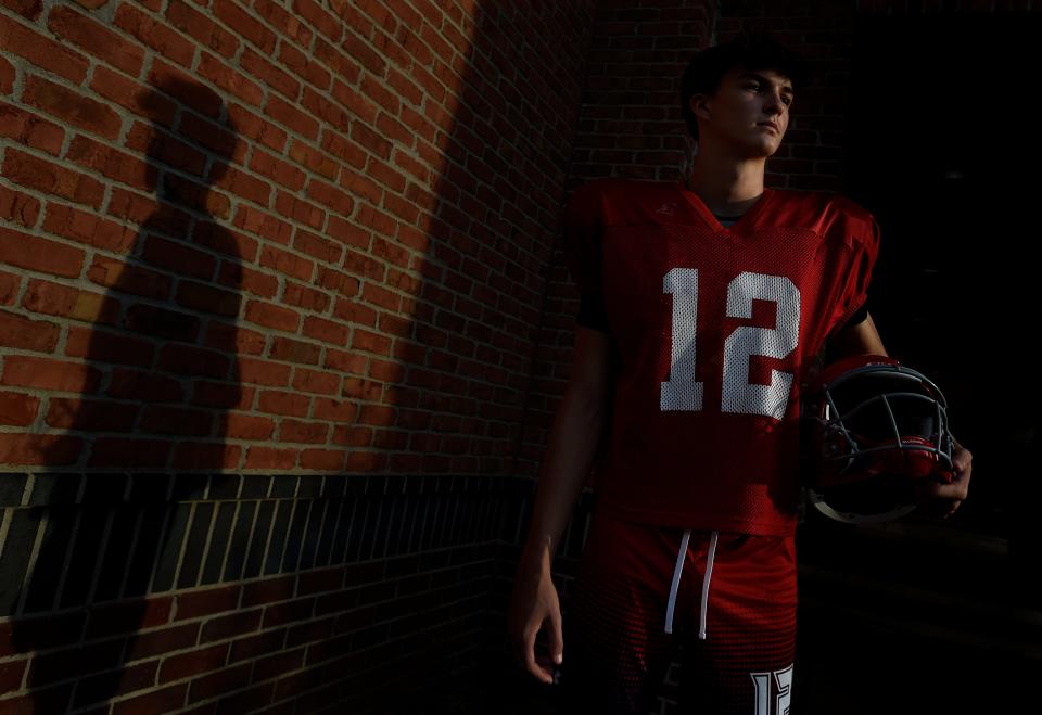 Brentwood Academy quarterback George MacIntyre Wednesday, Sept. 13, 2023 in Brentwood, Tenn. MacIntyre is the number 2-ranked junior quarterback in the nation.