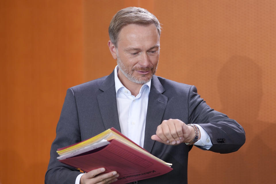 German Finance Minister Christian Lindner arrives for the cabinet meeting of the German government at the chancellery in Berlin, Germany, Wednesday, July 27, 2022. (AP Photo/Markus Schreiber)