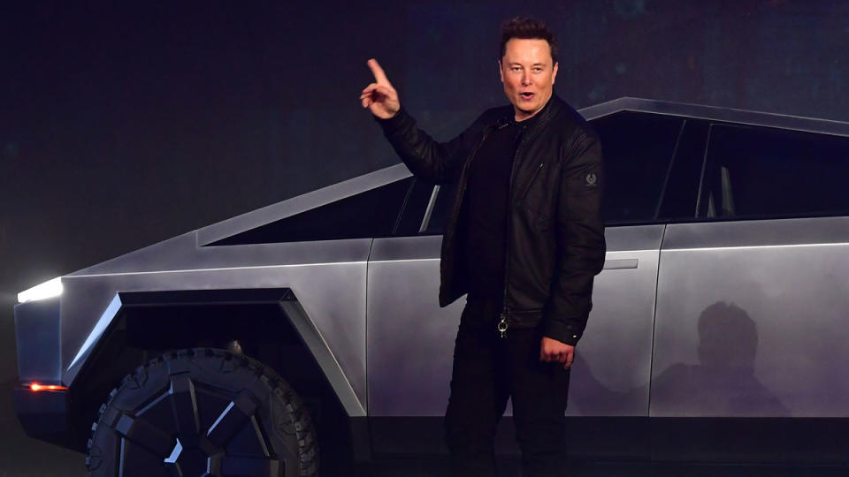 Elon Musk debuts the Cybertruck at the Tesla Design Center in Hawthorne, Calif., in 2019.