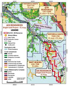 Local Area Map showing highly prospective gold resource area play which includes E79 Resources (CSE:ESNR), Fosterville South (TSX.V:FSX), and Dart Mining (ASX:DTM).