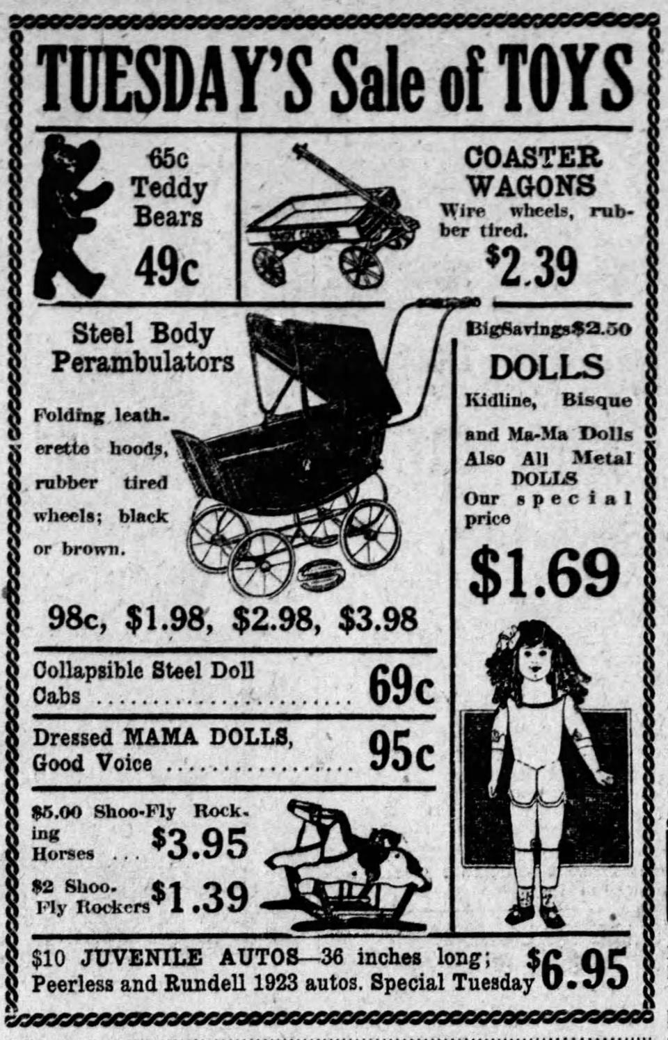 Federman’s department store in downtown Akron advertises Christmas toys in December 1922.