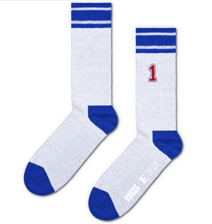 gray and blue elton john happy socks with number 1 design