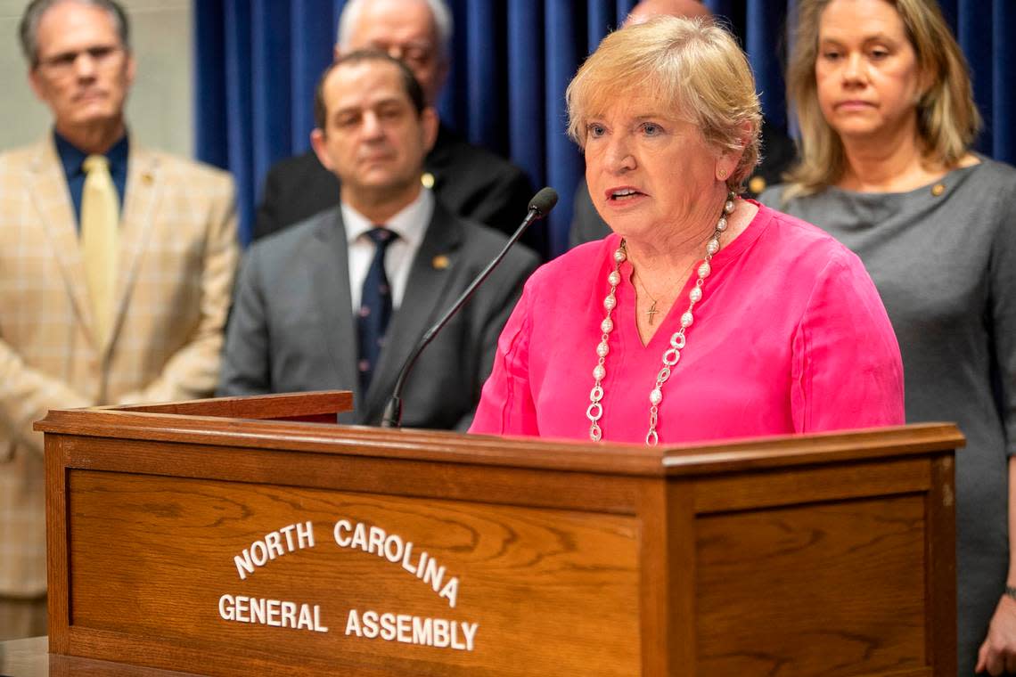 Former University of North Carolina basketball coach Sylvia Hatchell, flanked by legislators, speaks in favor of the Fairness in Women’s Sports Act on Thursday, April 6, 2023 at the North Carolina General Assembly in Raleigh, N.C
