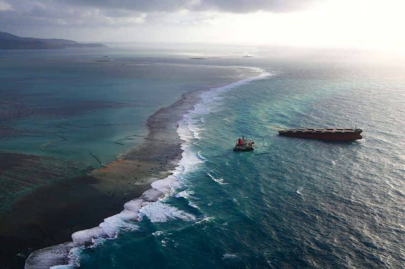 A Japanese bulk carrier MV Wakashio, that has struck a coral reef causing an oil spill, is seen in Mauritius