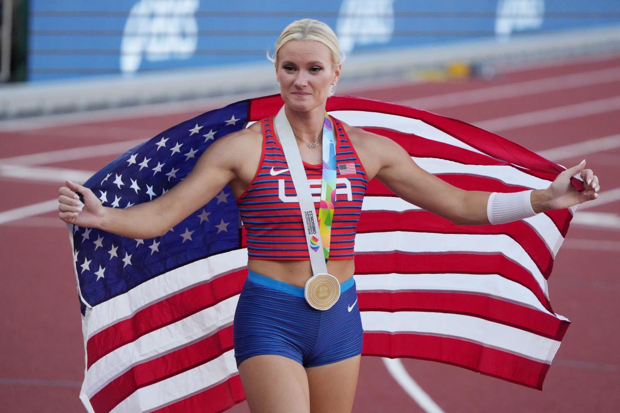 July 17: Katie Nageotte (USA) celebrates after winning the gold medal in the women’s pole vault.