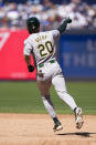 Oakland Athletics' Zack Gelof reacts after hitting a two-run home run during the ninth inning of the baseball game against the New York Yankees at Yankee Stadium Monday, April 22, 2024, in New York. (AP Photo/Seth Wenig)