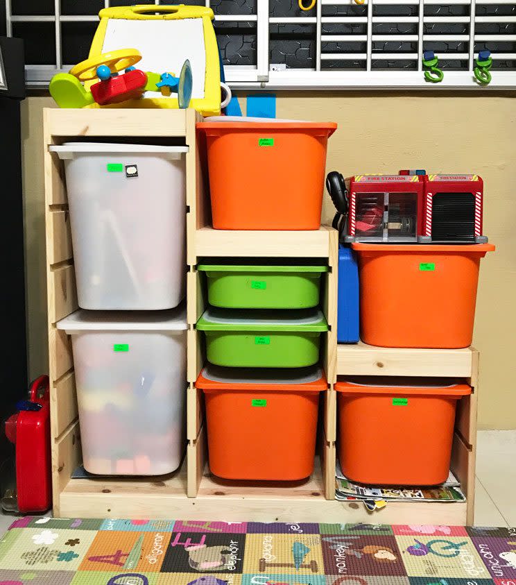 We label our toy boxes by theme, as it is easier to find toys kept in their specific boxes. (Photo: Mummy and Daddy Daycare)