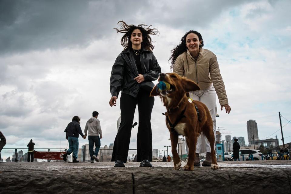 Two teenage girls play with a dog along the coast