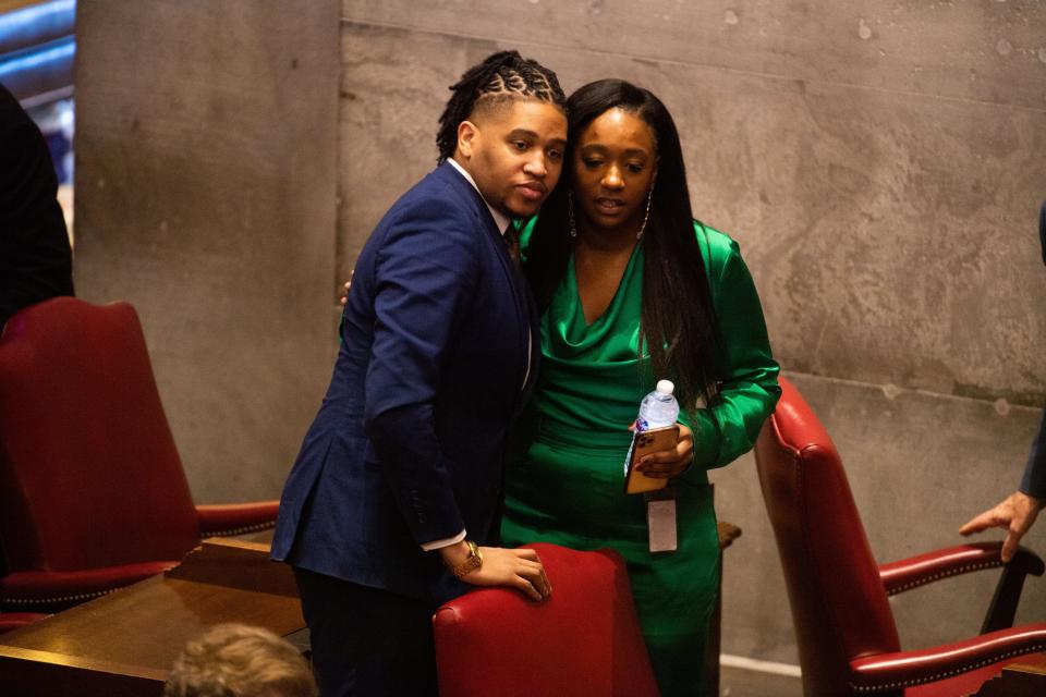 Tennessee state Rep. London Lamar, D-Memphis, greets Rep. Torrey Harris, D-Memphis, during the 112th General Assembly at Tennessee state Capitol in Nashville, Tenn., Tuesday, Jan. 11, 2022.